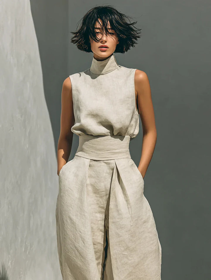 Flor™ | Women's Minimalist Sleeveless Blouse and Wide-Leg Trousers Set in Cotton and Linen