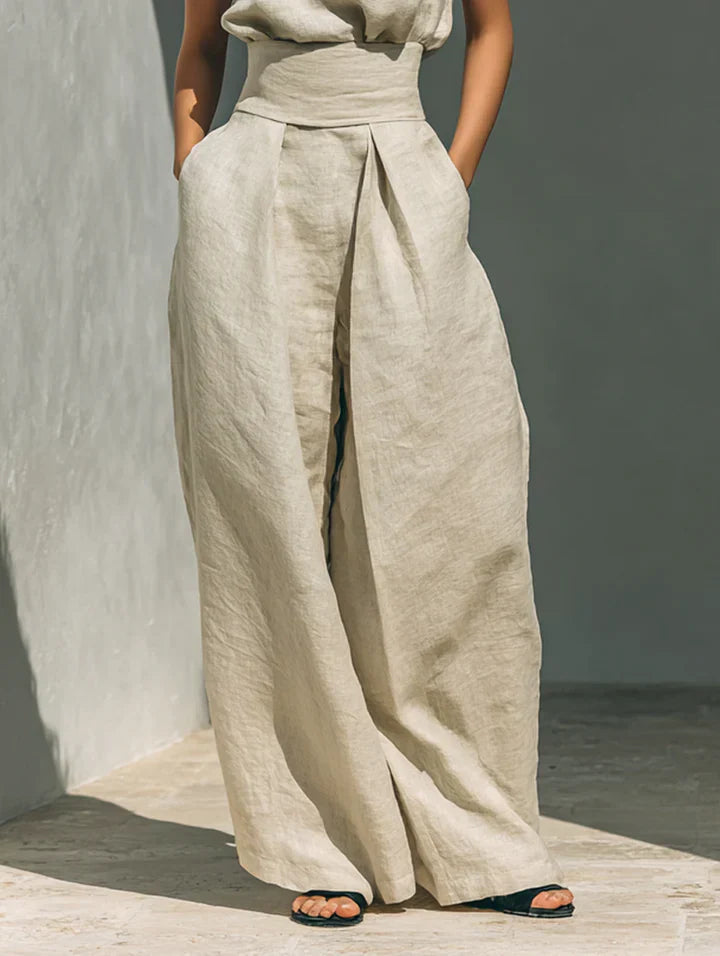 Flor™ | Women's Minimalist Sleeveless Blouse and Wide-Leg Trousers Set in Cotton and Linen