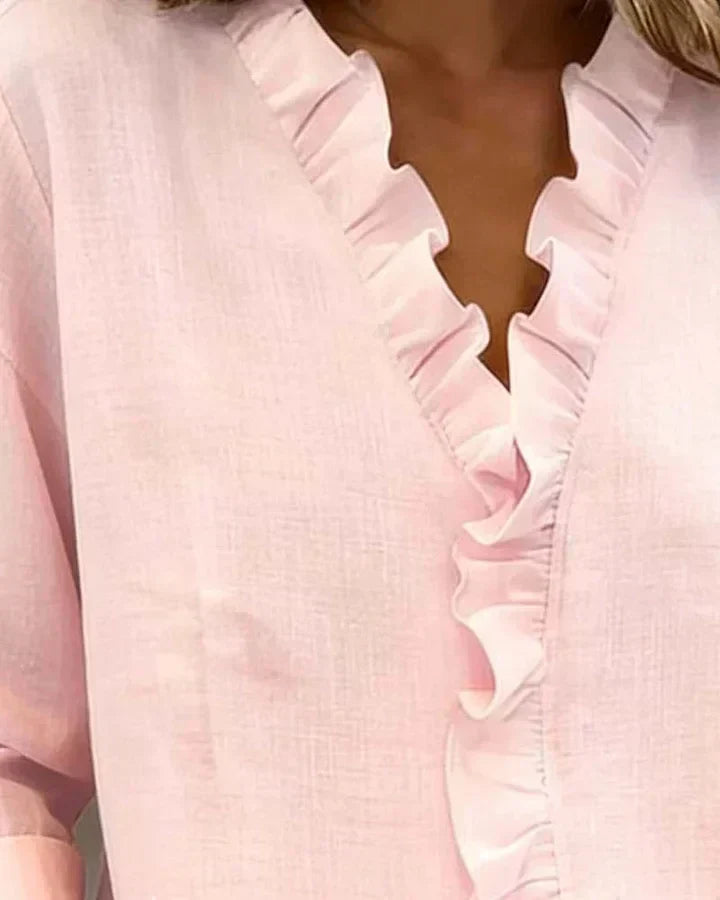 Indie Ruffled Blouse with V-Neck and Long Sleeves