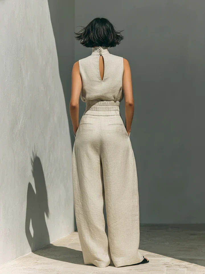 Flor™ | Women's Minimalist Sleeveless Blouse and Wide-Leg Trousers Set in Cotton and Linen
