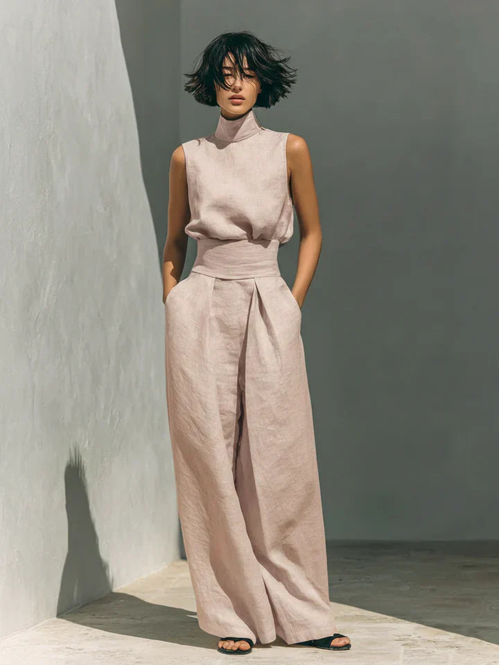 Flor™ | Women's Minimalist Sleeveless Blouse and Wide-Leg Trousers Set in Cotton and Linen