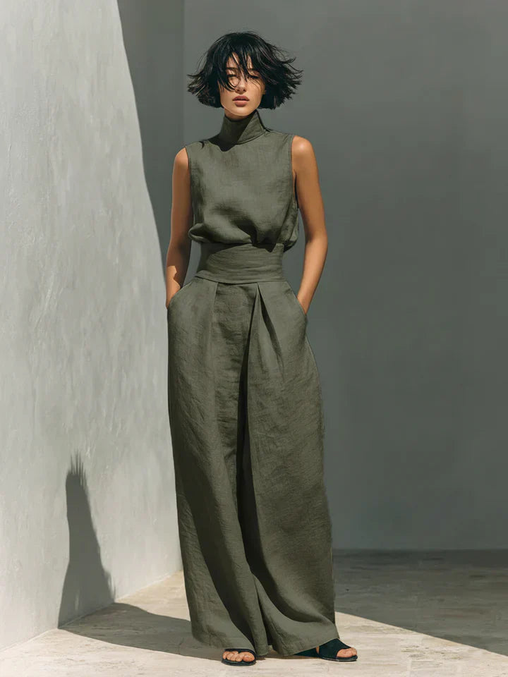 Flor™ | Women's Minimalist Sleeveless Blouse and Wide-Leg Trousers Set in Cotton and Linen