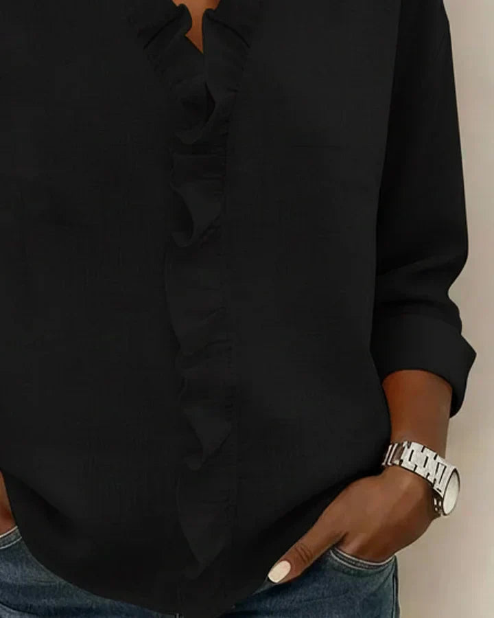 Indie Ruffled Blouse with V-Neck and Long Sleeves