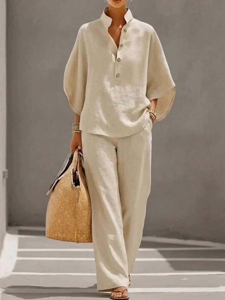 Maribel™ | Linen Ensemble with Batwing Sleeves and Wide-Leg Trousers