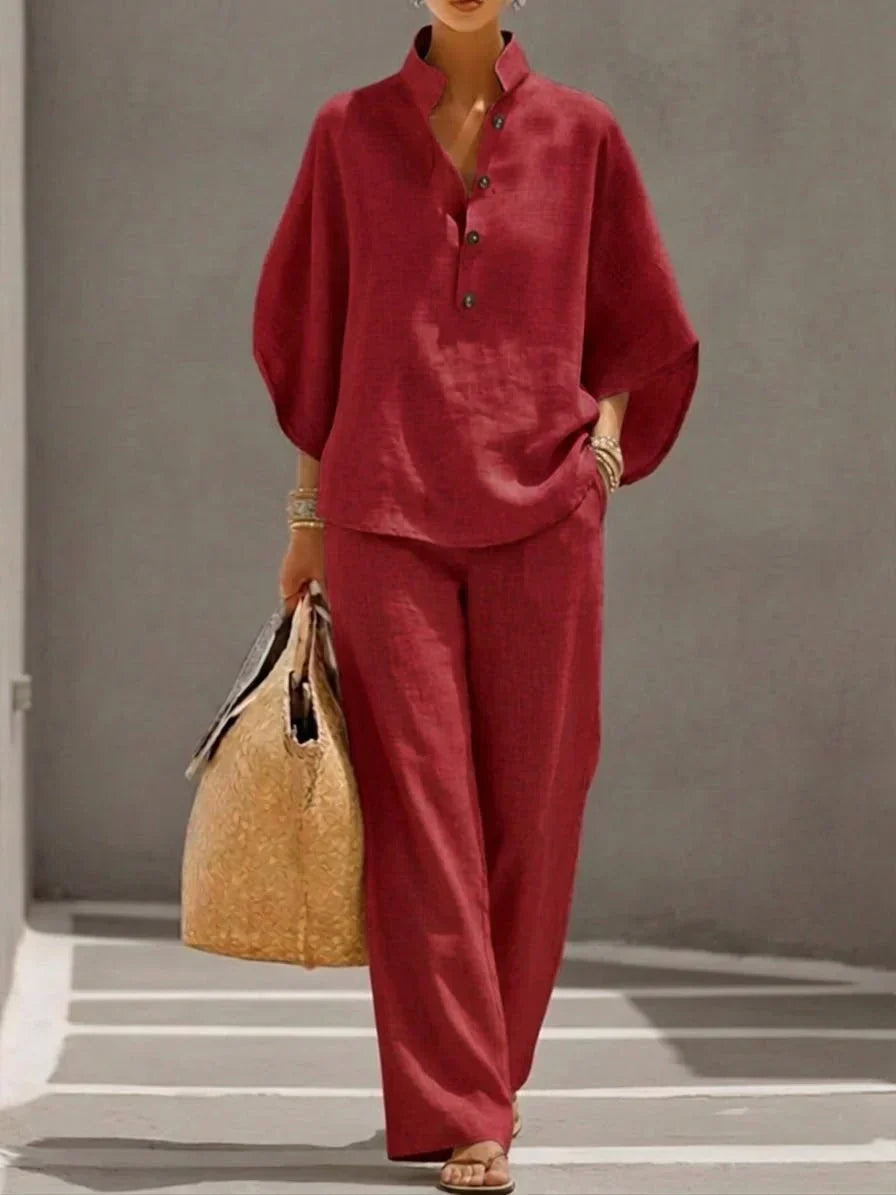 Maribel™ | Linen Ensemble with Batwing Sleeves and Wide-Leg Trousers