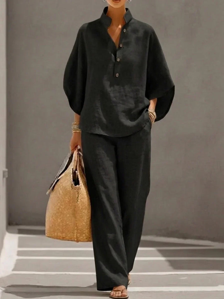 Maribel™ | Linen Ensemble with Batwing Sleeves and Wide-Leg Trousers