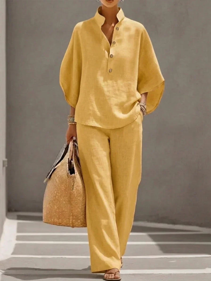 Maribel™ | Linen Ensemble with Batwing Sleeves and Wide-Leg Trousers