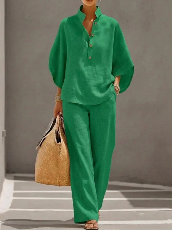 Maribel™ | Linen Ensemble with Batwing Sleeves and Wide-Leg Trousers